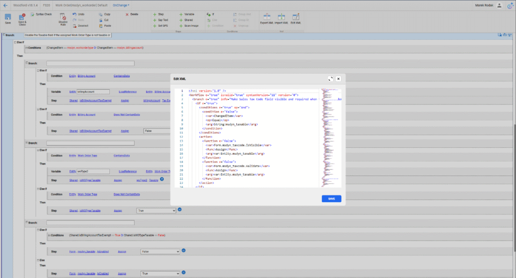 The XML Editor in App Configurator’s Rules Editor