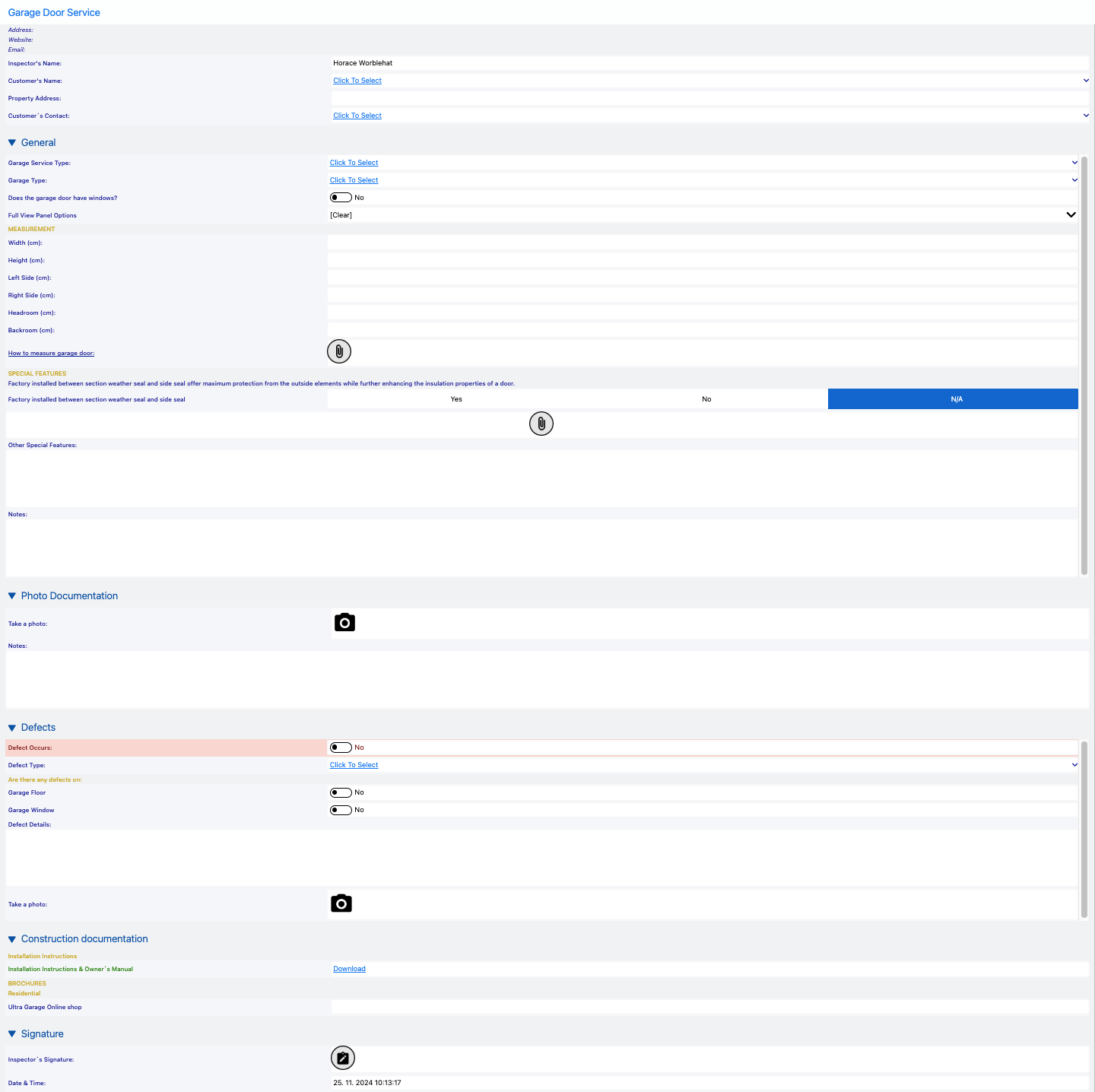 Printscreen of empty garage door service checklist.