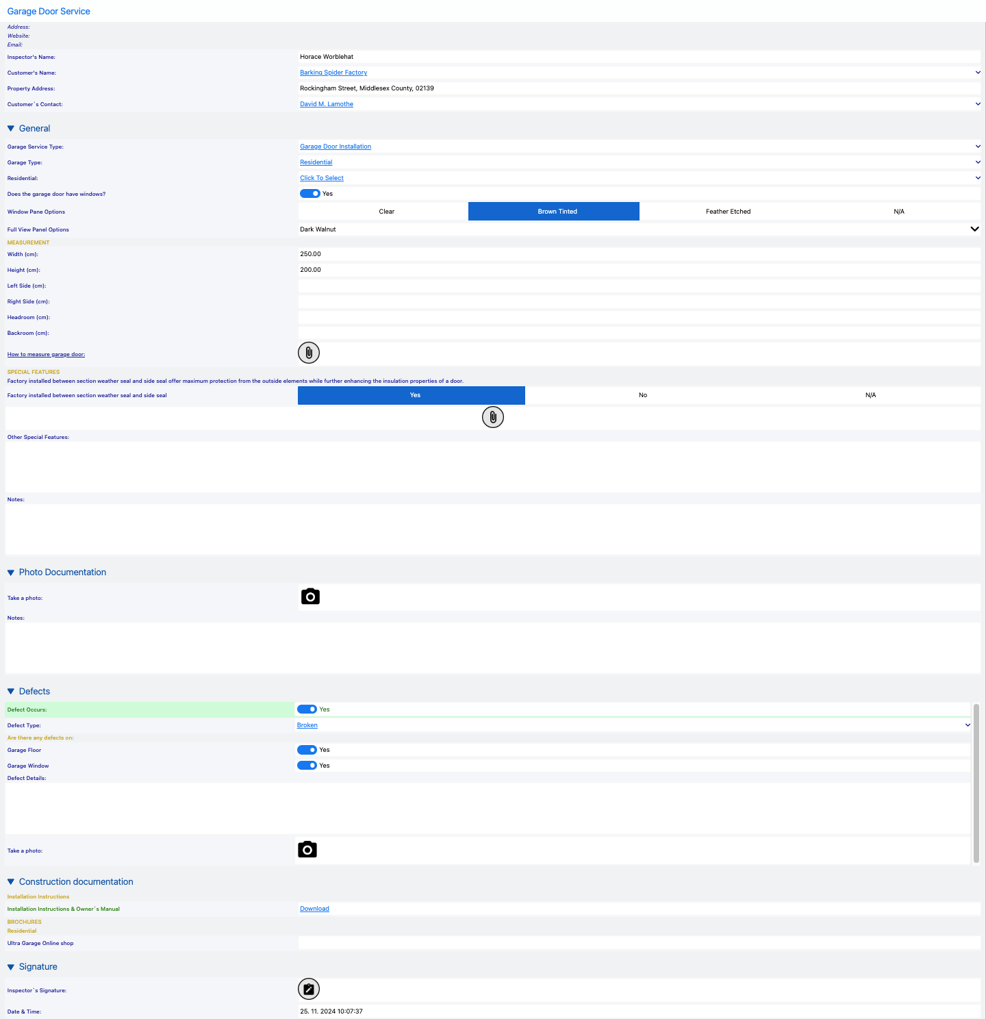 Printscreen of filled out garage door service checklist.