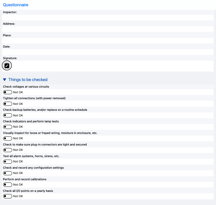 Printscreen of empty machine maintenance checklist.