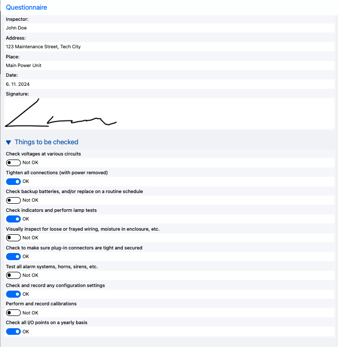 Printscreen of filled out machine maintenance checklist.
