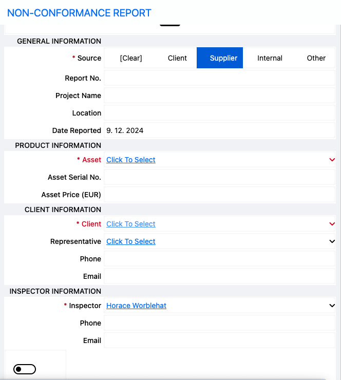 Printscreen of empty non conformance report.