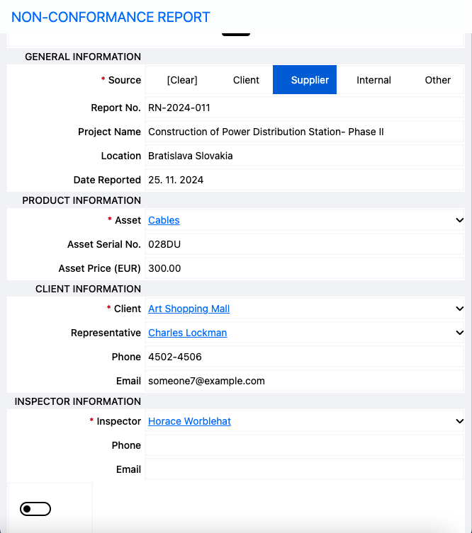 Printscreen of filled non conformance report.